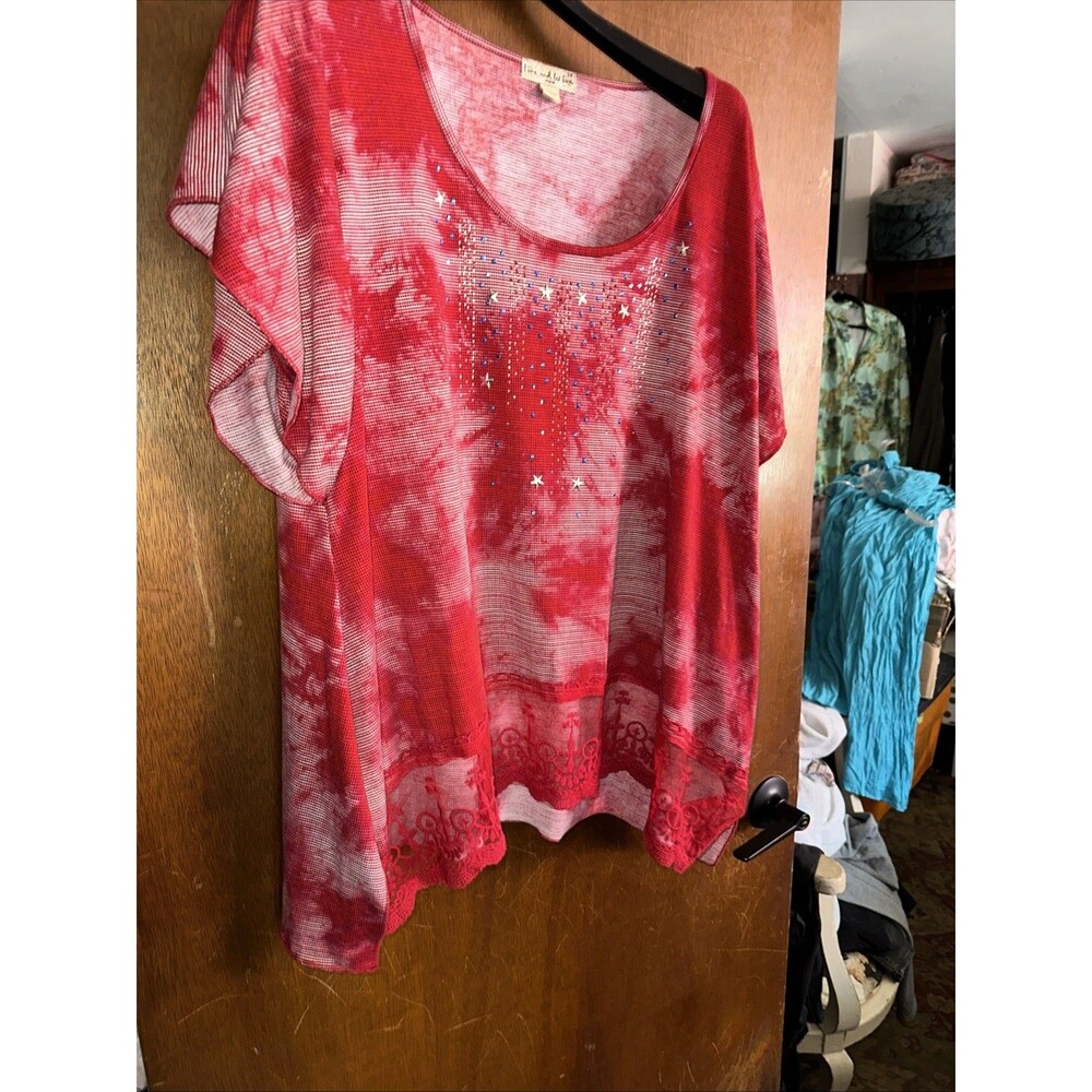 Live And Let Live Women’s Red Tie Dye Short Sleeve 2XL Fourth Of July Rhinestone
